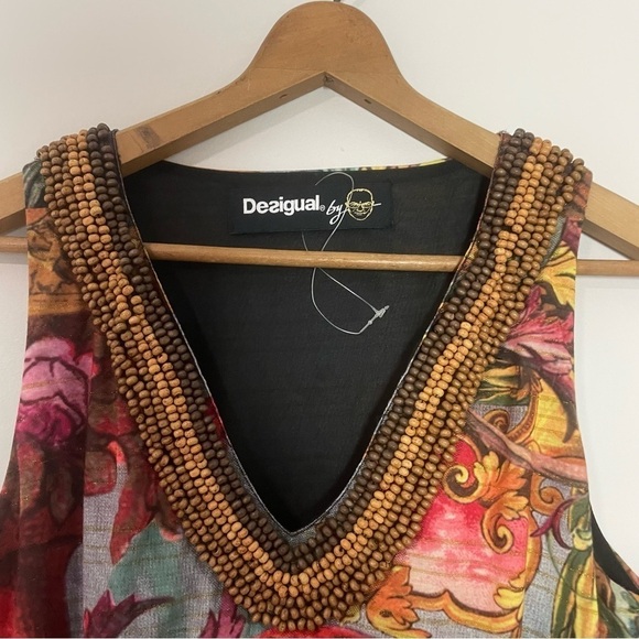 [Desigual] Women's Beaded Neckline Printed Elastic Waist Sleeveless Dress - Picture 2 of 8